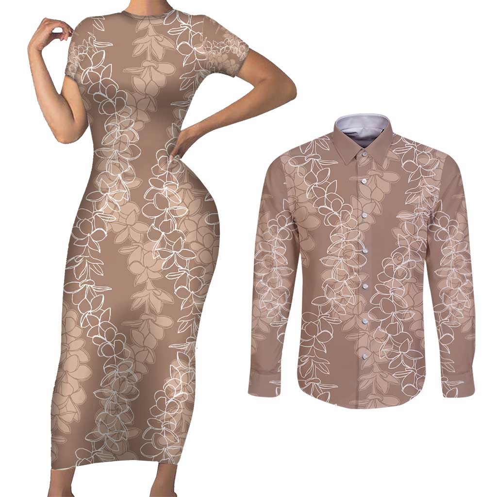 Hawaii Plumeria Lei Couples Matching Short Sleeve Bodycon Dress and Long Sleeve Button Shirt Aloha Festive Vibe - Beige LT7 Beige - Polynesian Pride