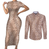 Hawaii Plumeria Lei Couples Matching Short Sleeve Bodycon Dress and Long Sleeve Button Shirt Aloha Festive Vibe - Beige LT7 Beige - Polynesian Pride