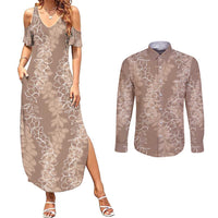 Hawaii Plumeria Lei Couples Matching Summer Maxi Dress and Long Sleeve Button Shirt Aloha Festive Vibe - Beige LT7 Beige - Polynesian Pride