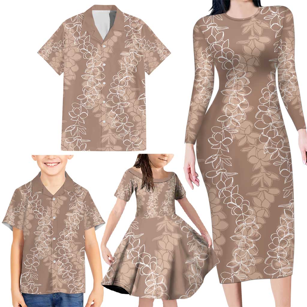 Hawaii Plumeria Lei Family Matching Long Sleeve Bodycon Dress and Hawaiian Shirt Aloha Festive Vibe - Beige LT7 - Polynesian Pride