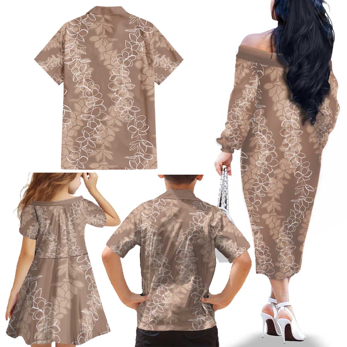 Hawaii Plumeria Lei Family Matching Off The Shoulder Long Sleeve Dress and Hawaiian Shirt Aloha Festive Vibe - Beige LT7 - Polynesian Pride