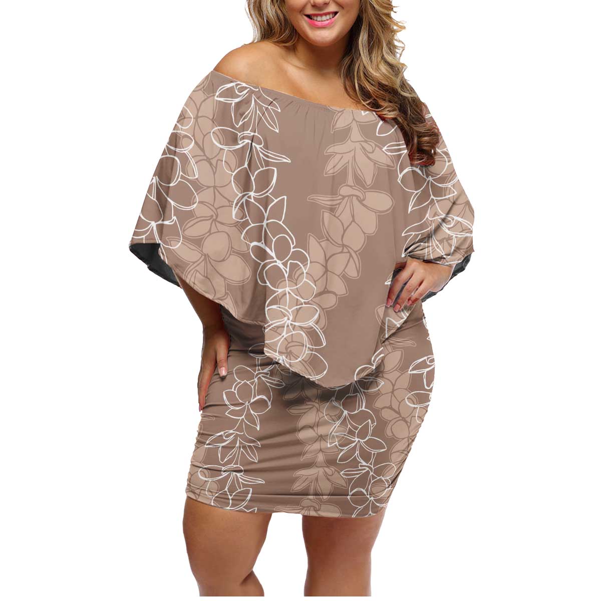 Hawaii Plumeria Lei Family Matching Off Shoulder Short Dress and Hawaiian Shirt Aloha Festive Vibe - Beige LT7 Mom's Dress Beige - Polynesian Pride
