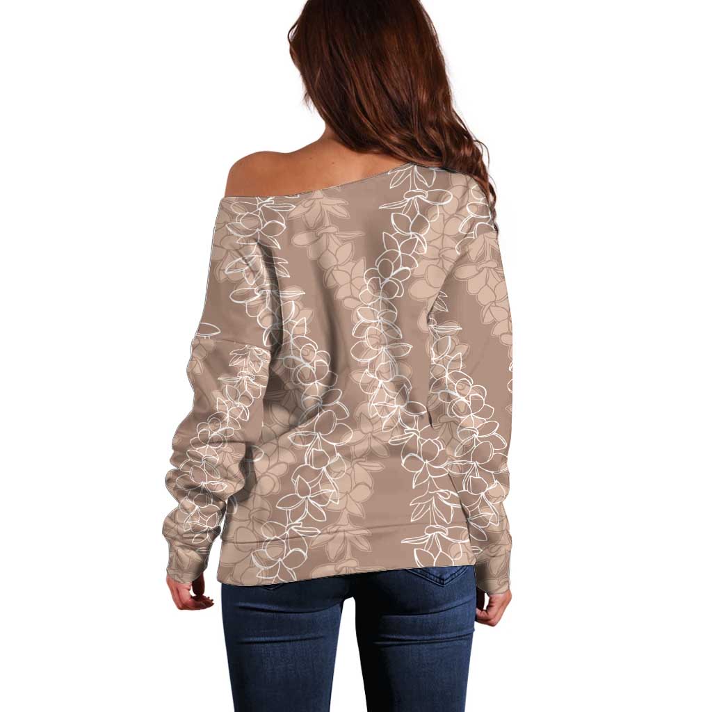 Hawaii Plumeria Lei Off Shoulder Sweater Aloha Festive Vibe - Beige