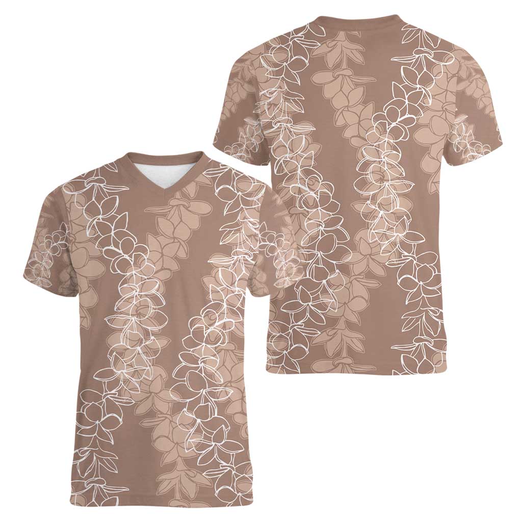 Hawaii Plumeria Lei Women V-Neck T-Shirt Aloha Festive Vibe - Beige LT7 - Polynesian Pride