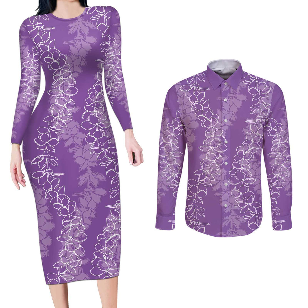 Hawaii Plumeria Lei Couples Matching Long Sleeve Bodycon Dress and Long Sleeve Button Shirt Aloha Festive Vibe - Violet LT7 Violet - Polynesian Pride