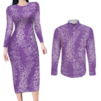 Hawaii Plumeria Lei Couples Matching Long Sleeve Bodycon Dress and Long Sleeve Button Shirt Aloha Festive Vibe - Violet LT7 Violet - Polynesian Pride