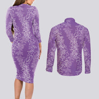 Hawaii Plumeria Lei Couples Matching Long Sleeve Bodycon Dress and Long Sleeve Button Shirt Aloha Festive Vibe - Violet LT7 - Polynesian Pride