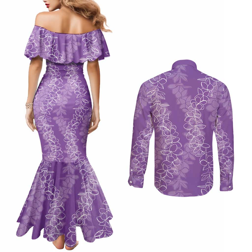 Hawaii Plumeria Lei Couples Matching Mermaid Dress and Long Sleeve Button Shirt Aloha Festive Vibe - Violet LT7 - Polynesian Pride