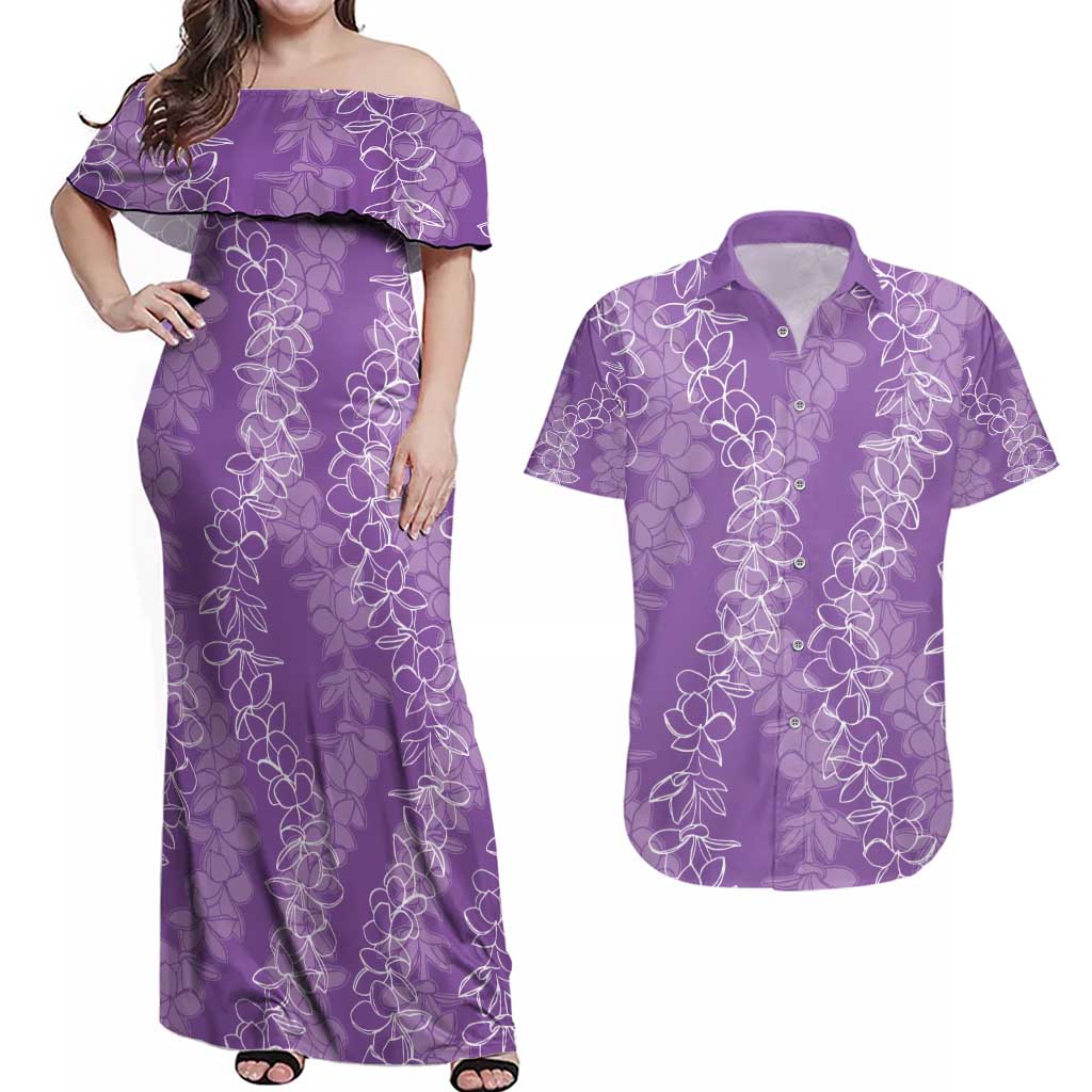 Hawaii Plumeria Lei Couples Matching Off Shoulder Maxi Dress and Hawaiian Shirt Aloha Festive Vibe - Violet LT7 Violet - Polynesian Pride
