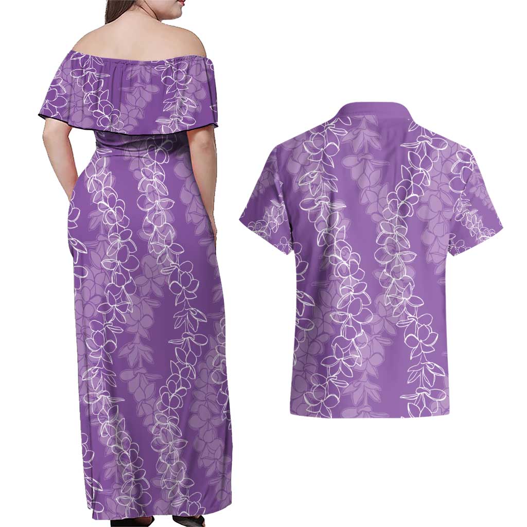 Hawaii Plumeria Lei Couples Matching Off Shoulder Maxi Dress and Hawaiian Shirt Aloha Festive Vibe - Violet LT7 - Polynesian Pride