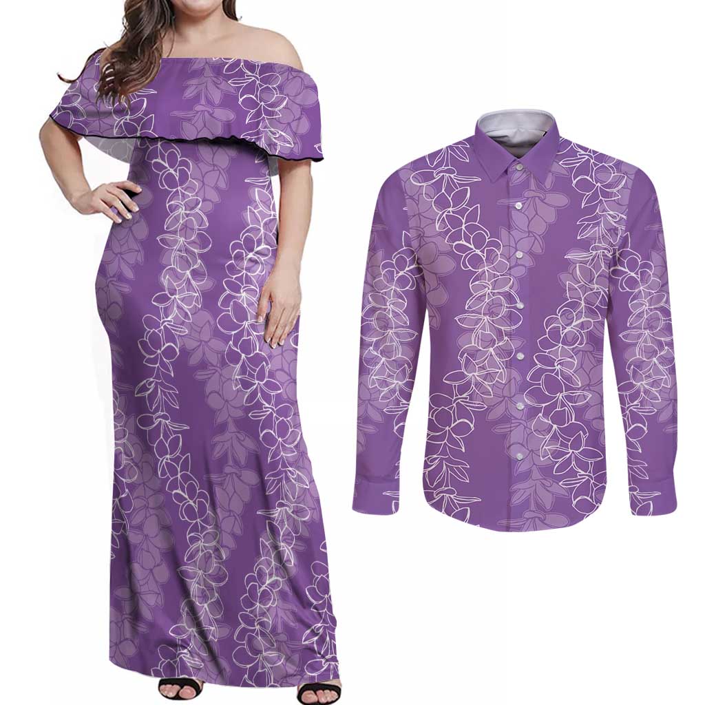 Hawaii Plumeria Lei Couples Matching Off Shoulder Maxi Dress and Long Sleeve Button Shirt Aloha Festive Vibe - Violet LT7 Violet - Polynesian Pride