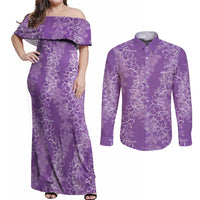 Hawaii Plumeria Lei Couples Matching Off Shoulder Maxi Dress and Long Sleeve Button Shirt Aloha Festive Vibe - Violet LT7 Violet - Polynesian Pride