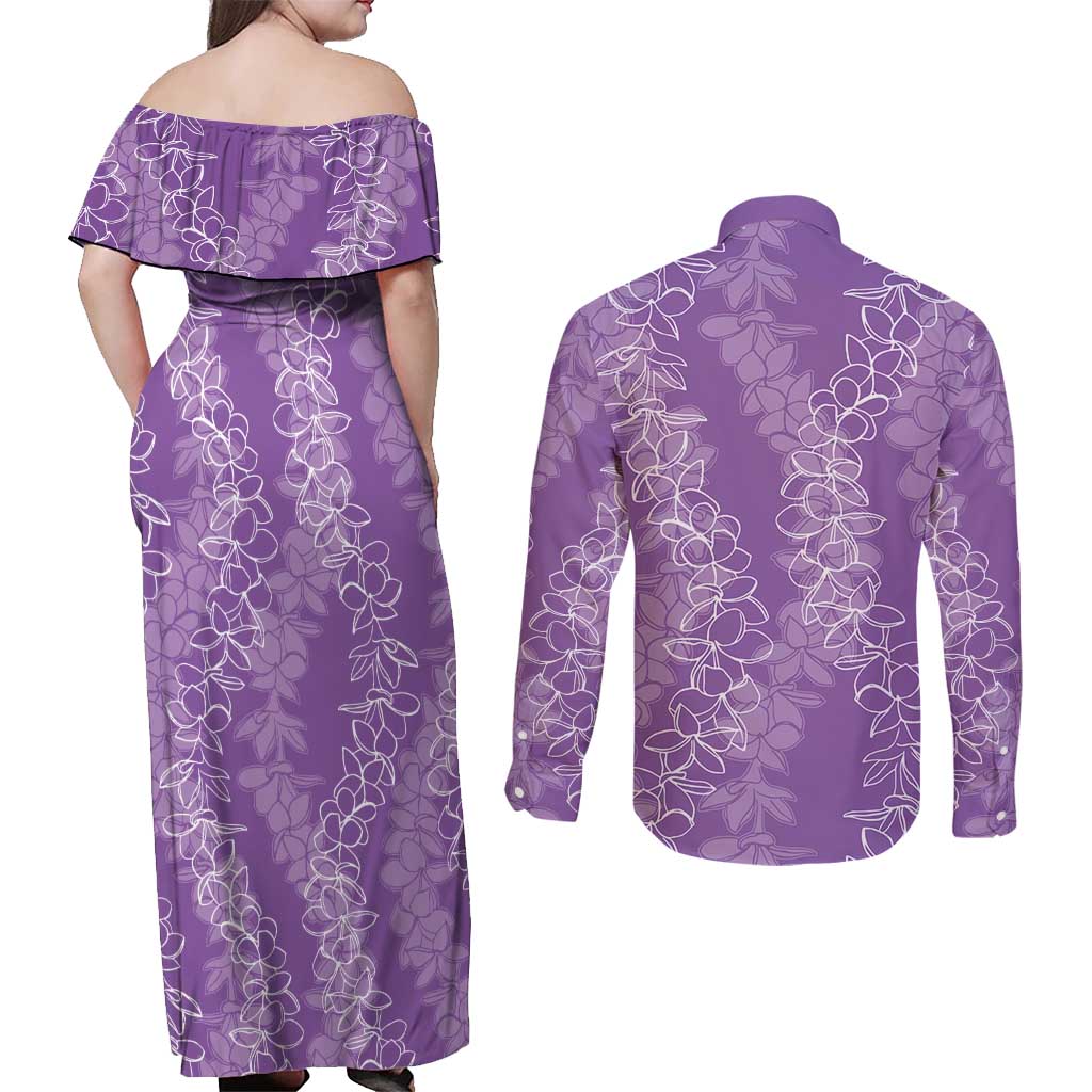 Hawaii Plumeria Lei Couples Matching Off Shoulder Maxi Dress and Long Sleeve Button Shirt Aloha Festive Vibe - Violet LT7 - Polynesian Pride