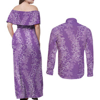 Hawaii Plumeria Lei Couples Matching Off Shoulder Maxi Dress and Long Sleeve Button Shirt Aloha Festive Vibe - Violet LT7 - Polynesian Pride
