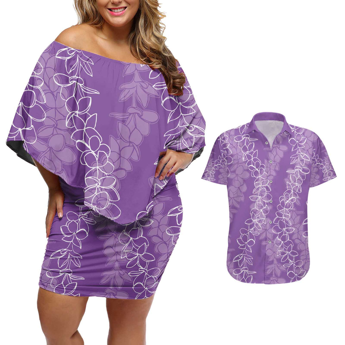 Hawaii Plumeria Lei Couples Matching Off Shoulder Short Dress and Hawaiian Shirt Aloha Festive Vibe - Violet LT7 Violet - Polynesian Pride