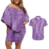 Hawaii Plumeria Lei Couples Matching Off Shoulder Short Dress and Hawaiian Shirt Aloha Festive Vibe - Violet LT7 Violet - Polynesian Pride