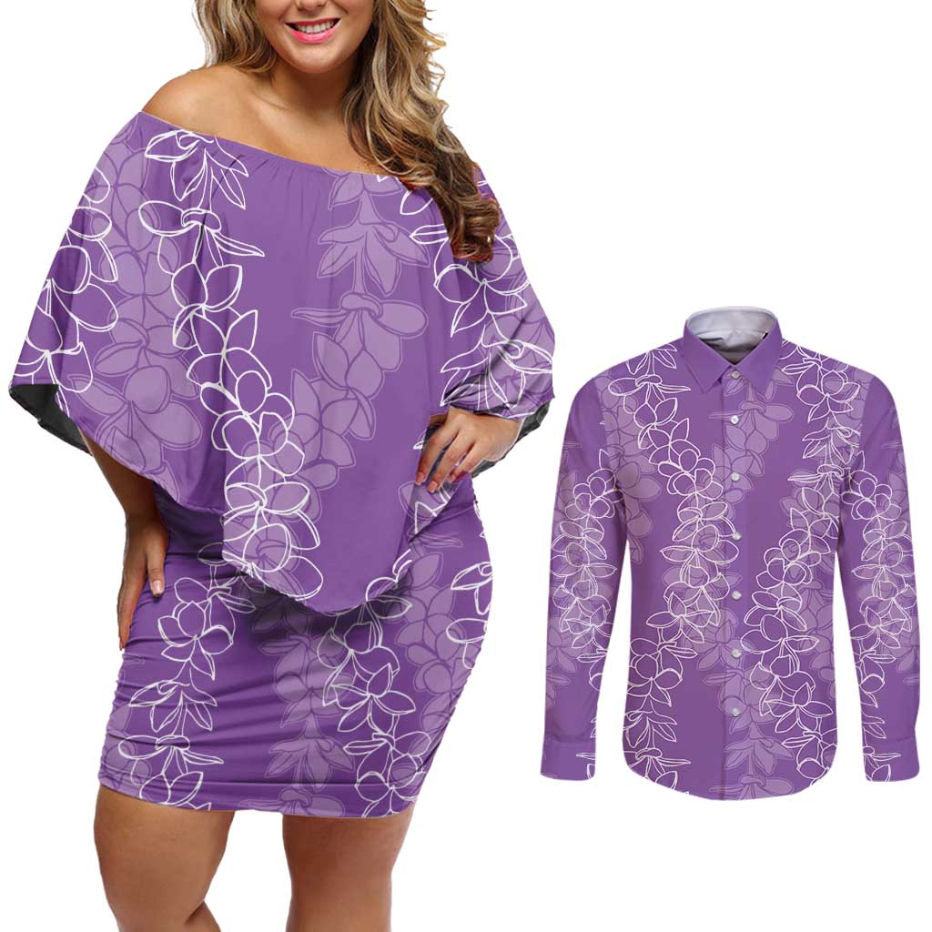 Hawaii Plumeria Lei Couples Matching Off Shoulder Short Dress and Long Sleeve Button Shirt Aloha Festive Vibe - Violet LT7 Violet - Polynesian Pride