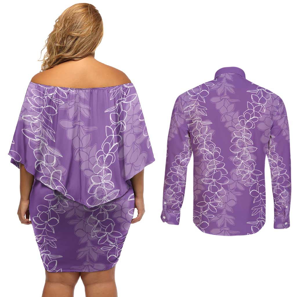 Hawaii Plumeria Lei Couples Matching Off Shoulder Short Dress and Long Sleeve Button Shirt Aloha Festive Vibe - Violet LT7 - Polynesian Pride