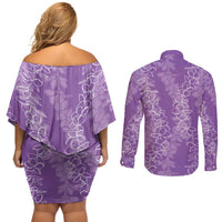 Hawaii Plumeria Lei Couples Matching Off Shoulder Short Dress and Long Sleeve Button Shirt Aloha Festive Vibe - Violet LT7 - Polynesian Pride