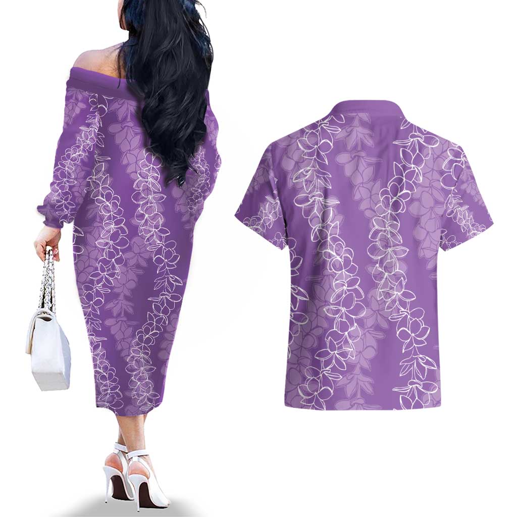 Hawaii Plumeria Lei Couples Matching Off The Shoulder Long Sleeve Dress and Hawaiian Shirt Aloha Festive Vibe - Violet LT7 - Polynesian Pride