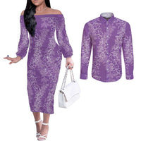 Hawaii Plumeria Lei Couples Matching Off The Shoulder Long Sleeve Dress and Long Sleeve Button Shirt Aloha Festive Vibe - Violet LT7 Violet - Polynesian Pride