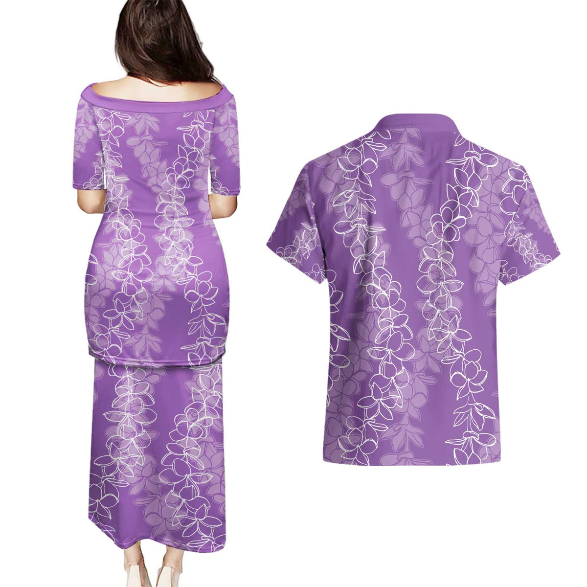 Hawaii Plumeria Lei Couples Matching Puletasi and Hawaiian Shirt Aloha Festive Vibe - Violet LT7 - Polynesian Pride