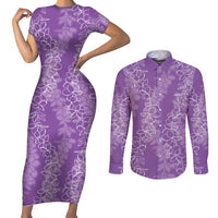 Hawaii Plumeria Lei Couples Matching Short Sleeve Bodycon Dress and Long Sleeve Button Shirt Aloha Festive Vibe - Violet LT7 Violet - Polynesian Pride