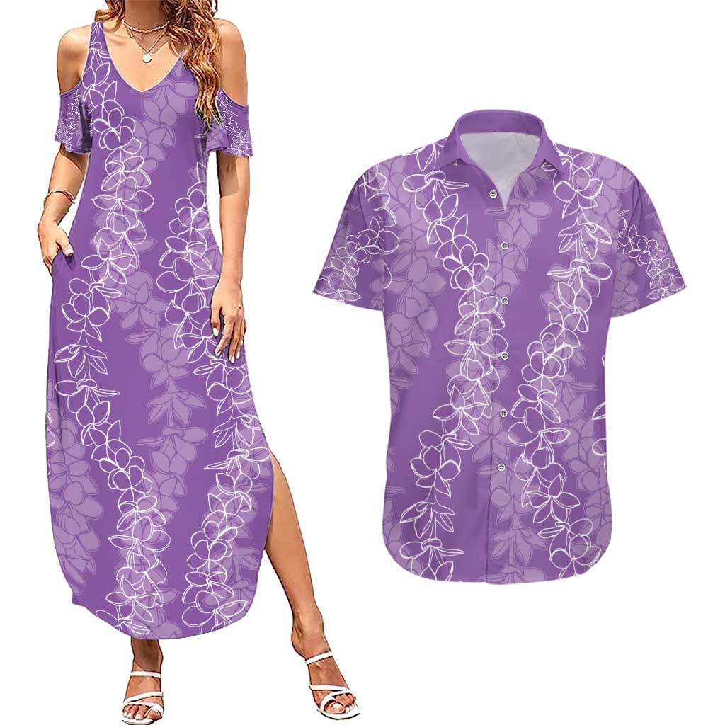 Hawaii Plumeria Lei Couples Matching Summer Maxi Dress and Hawaiian Shirt Aloha Festive Vibe - Violet LT7 Violet - Polynesian Pride