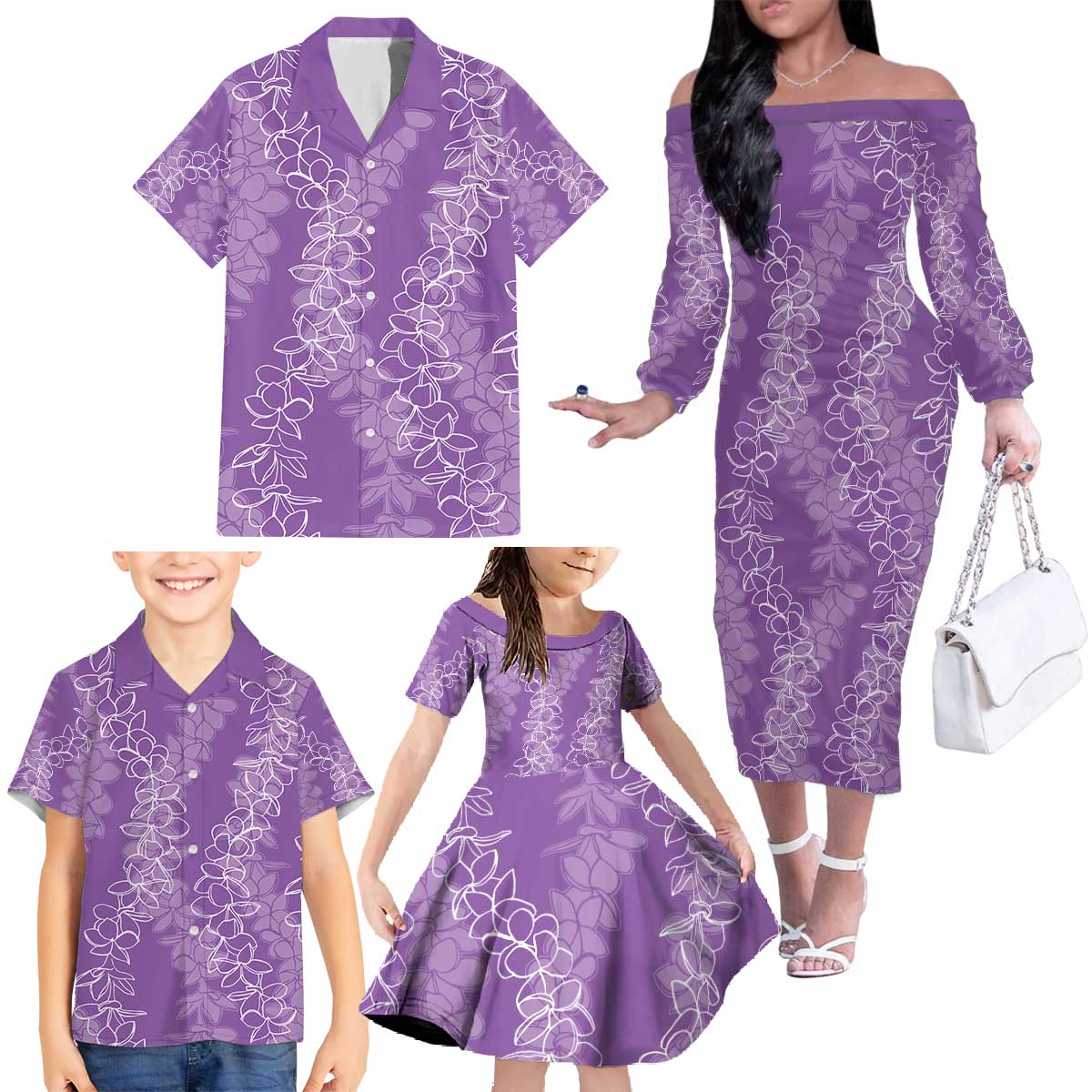 Hawaii Plumeria Lei Family Matching Off The Shoulder Long Sleeve Dress and Hawaiian Shirt Aloha Festive Vibe - Violet LT7 - Polynesian Pride