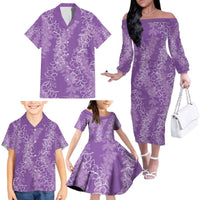 Hawaii Plumeria Lei Family Matching Off The Shoulder Long Sleeve Dress and Hawaiian Shirt Aloha Festive Vibe - Violet LT7 - Polynesian Pride