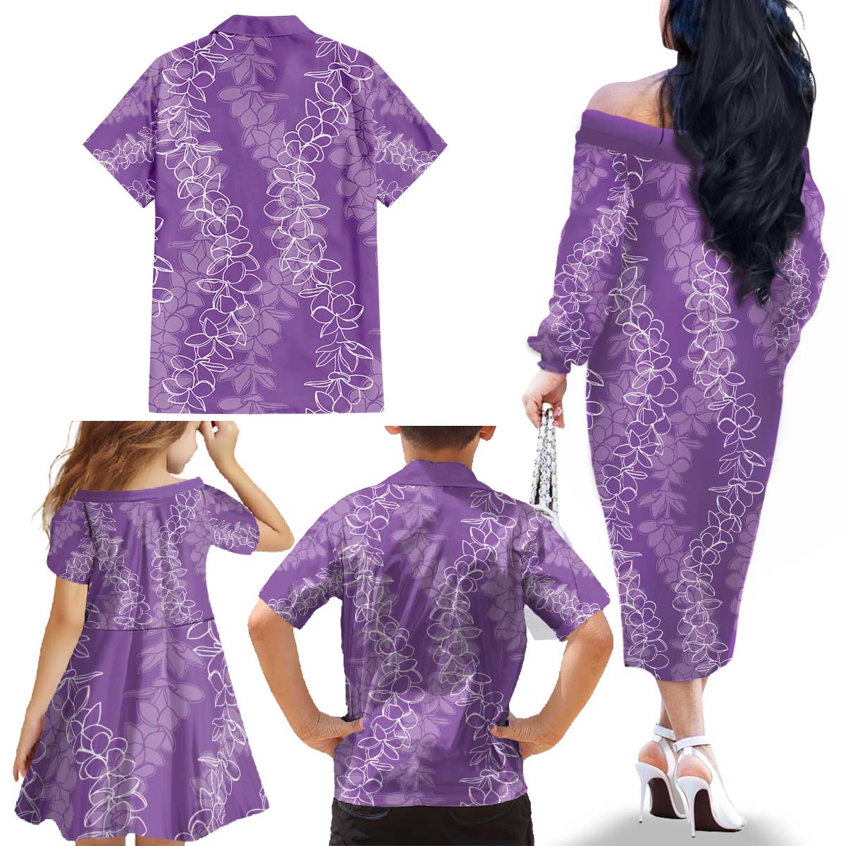 Hawaii Plumeria Lei Family Matching Off The Shoulder Long Sleeve Dress and Hawaiian Shirt Aloha Festive Vibe - Violet LT7 - Polynesian Pride