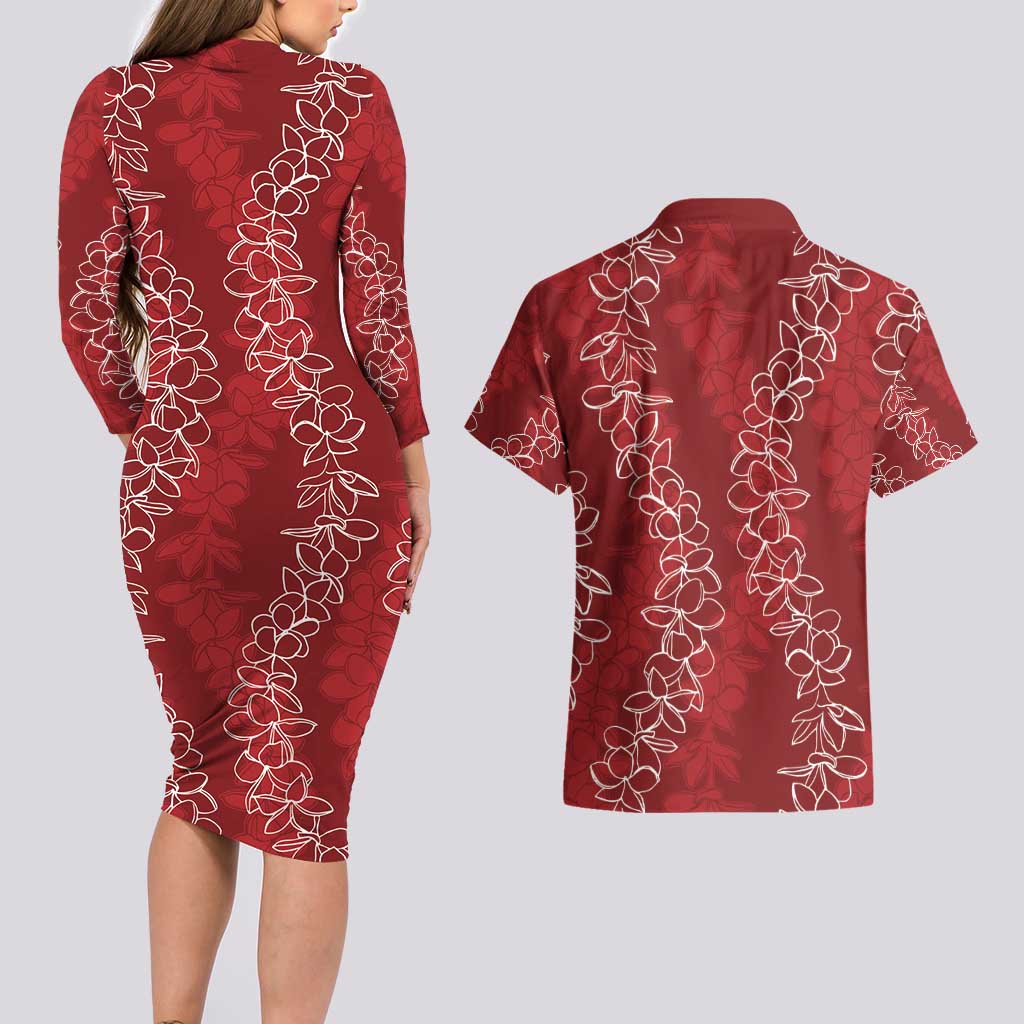 Hawaii Plumeria Lei Couples Matching Long Sleeve Bodycon Dress and Hawaiian Shirt Aloha Festive Vibe - Crimson LT7 - Polynesian Pride