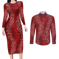 Hawaii Plumeria Lei Couples Matching Long Sleeve Bodycon Dress and Long Sleeve Button Shirt Aloha Festive Vibe - Crimson LT7 Crimson - Polynesian Pride