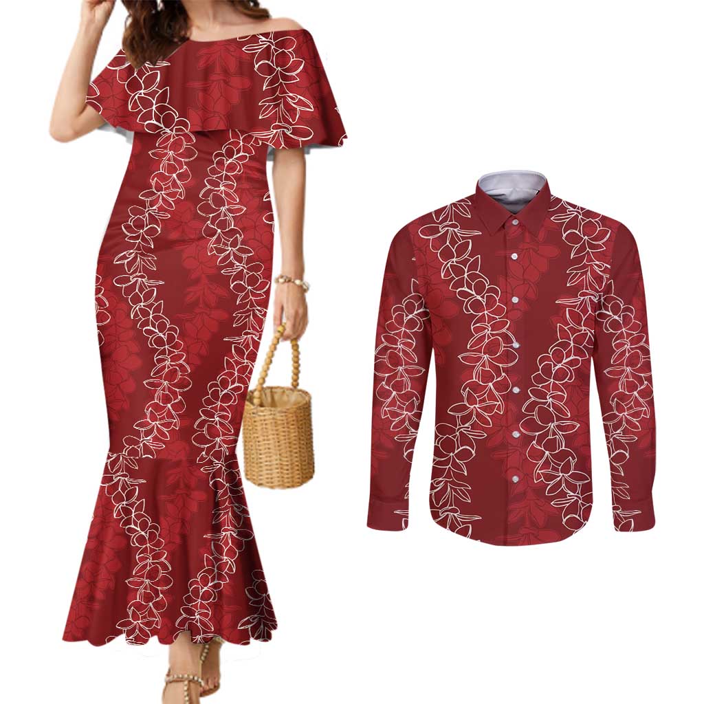 Hawaii Plumeria Lei Couples Matching Mermaid Dress and Long Sleeve Button Shirt Aloha Festive Vibe - Crimson LT7 Crimson - Polynesian Pride