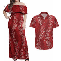 Hawaii Plumeria Lei Couples Matching Off Shoulder Maxi Dress and Hawaiian Shirt Aloha Festive Vibe - Crimson LT7 Crimson - Polynesian Pride