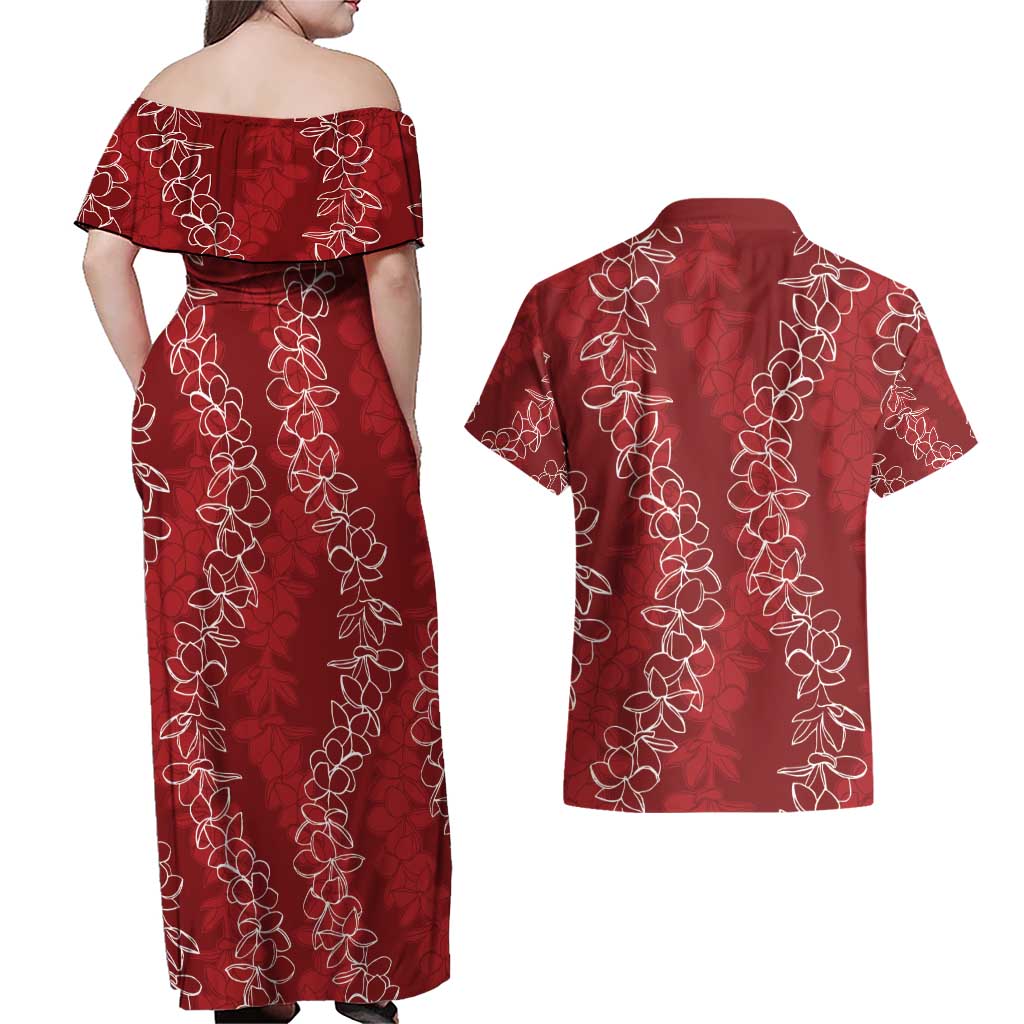 Hawaii Plumeria Lei Couples Matching Off Shoulder Maxi Dress and Hawaiian Shirt Aloha Festive Vibe - Crimson LT7 - Polynesian Pride