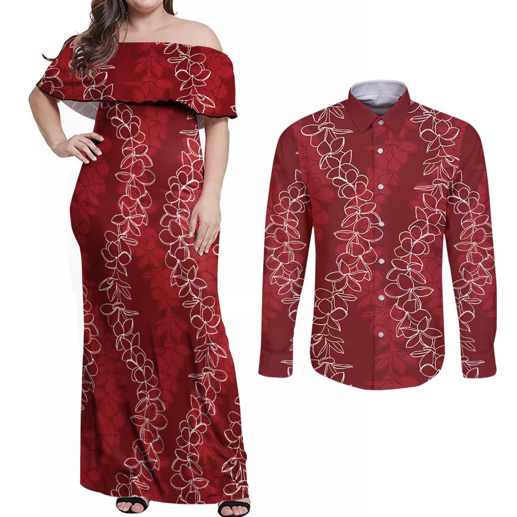 Hawaii Plumeria Lei Couples Matching Off Shoulder Maxi Dress and Long Sleeve Button Shirt Aloha Festive Vibe - Crimson LT7 Crimson - Polynesian Pride