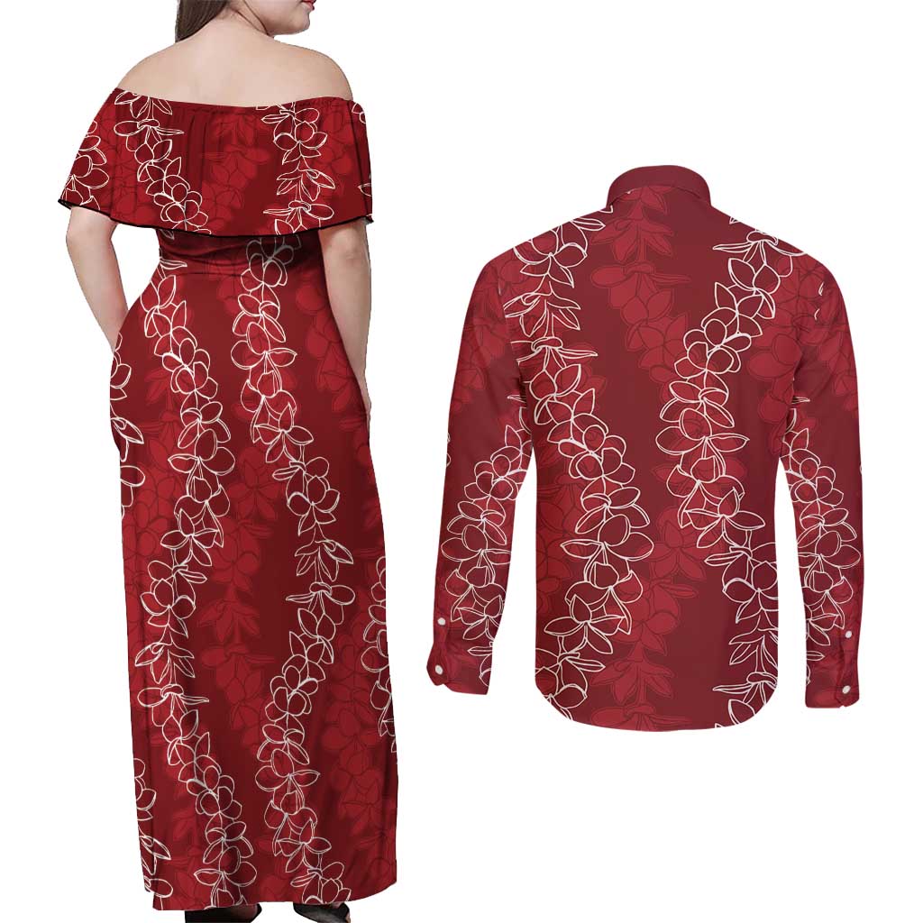 Hawaii Plumeria Lei Couples Matching Off Shoulder Maxi Dress and Long Sleeve Button Shirt Aloha Festive Vibe - Crimson LT7 - Polynesian Pride
