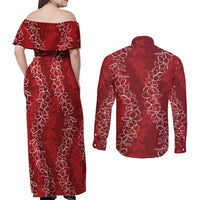Hawaii Plumeria Lei Couples Matching Off Shoulder Maxi Dress and Long Sleeve Button Shirt Aloha Festive Vibe - Crimson LT7 - Polynesian Pride