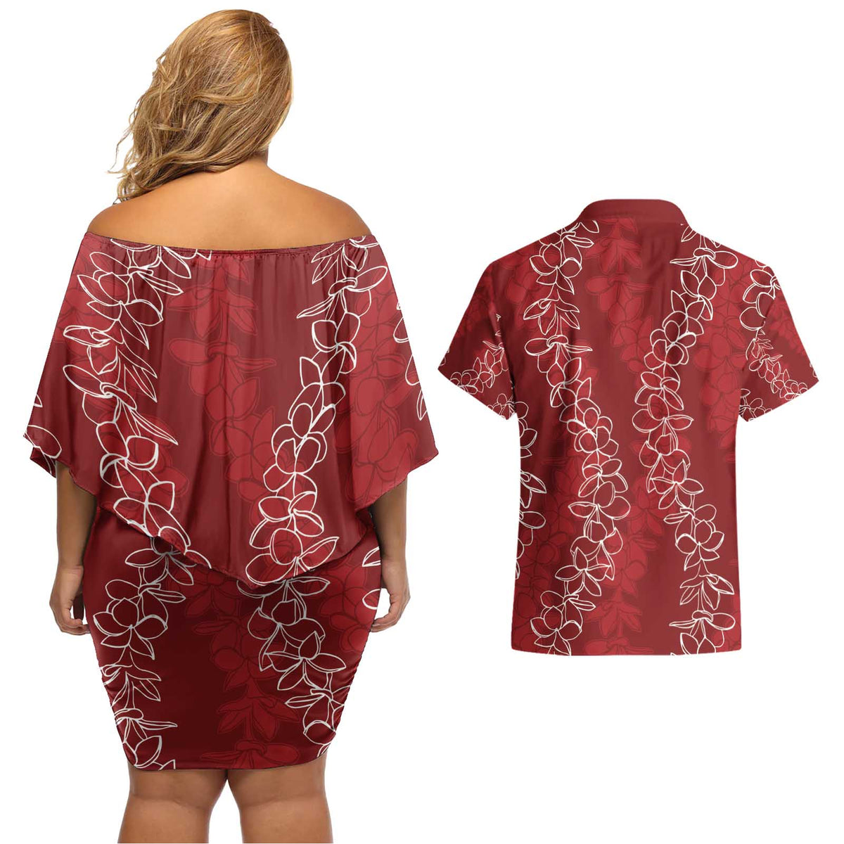 Hawaii Plumeria Lei Couples Matching Off Shoulder Short Dress and Hawaiian Shirt Aloha Festive Vibe - Crimson LT7 - Polynesian Pride