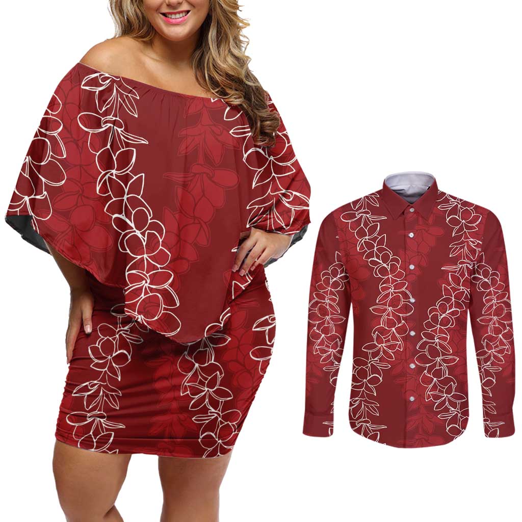 Hawaii Plumeria Lei Couples Matching Off Shoulder Short Dress and Long Sleeve Button Shirt Aloha Festive Vibe - Crimson
