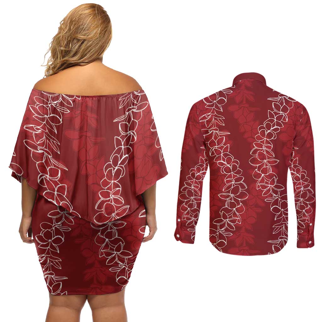 Hawaii Plumeria Lei Couples Matching Off Shoulder Short Dress and Long Sleeve Button Shirt Aloha Festive Vibe - Crimson LT7 - Polynesian Pride