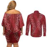 Hawaii Plumeria Lei Couples Matching Off Shoulder Short Dress and Long Sleeve Button Shirt Aloha Festive Vibe - Crimson LT7 - Polynesian Pride