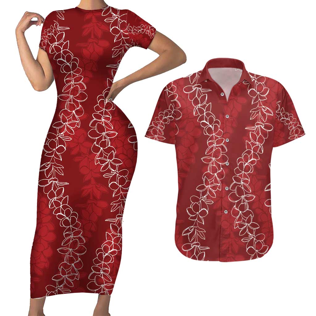 Hawaii Plumeria Lei Couples Matching Short Sleeve Bodycon Dress and Hawaiian Shirt Aloha Festive Vibe - Crimson LT7 Crimson - Polynesian Pride