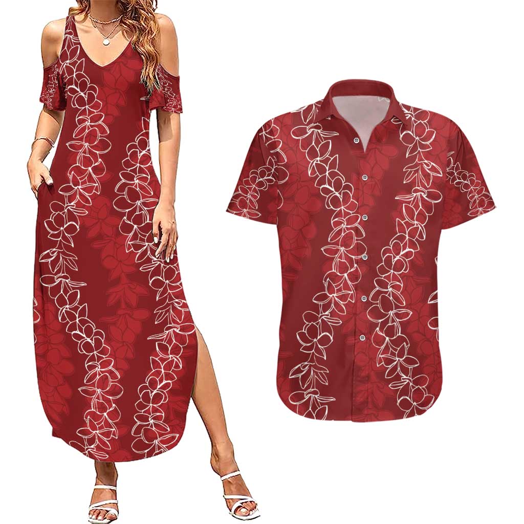 Hawaii Plumeria Lei Couples Matching Summer Maxi Dress and Hawaiian Shirt Aloha Festive Vibe - Crimson LT7 Crimson - Polynesian Pride