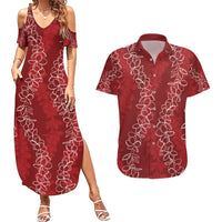 Hawaii Plumeria Lei Couples Matching Summer Maxi Dress and Hawaiian Shirt Aloha Festive Vibe - Crimson LT7 Crimson - Polynesian Pride
