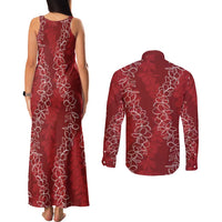 Hawaii Plumeria Lei Couples Matching Tank Maxi Dress and Long Sleeve Button Shirt Aloha Festive Vibe - Crimson LT7 - Polynesian Pride