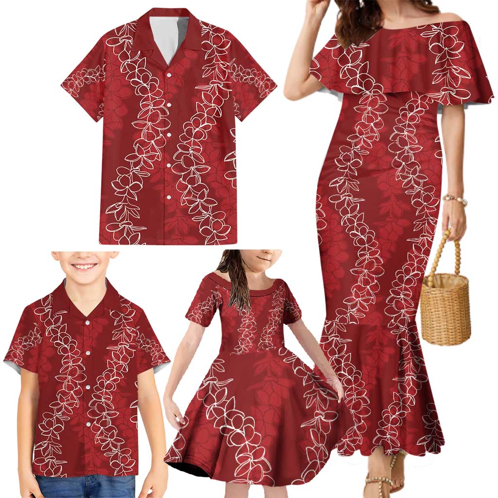 Hawaii Plumeria Lei Family Matching Mermaid Dress and Hawaiian Shirt Aloha Festive Vibe - Crimson LT7 - Polynesian Pride