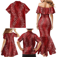 Hawaii Plumeria Lei Family Matching Mermaid Dress and Hawaiian Shirt Aloha Festive Vibe - Crimson LT7 - Polynesian Pride