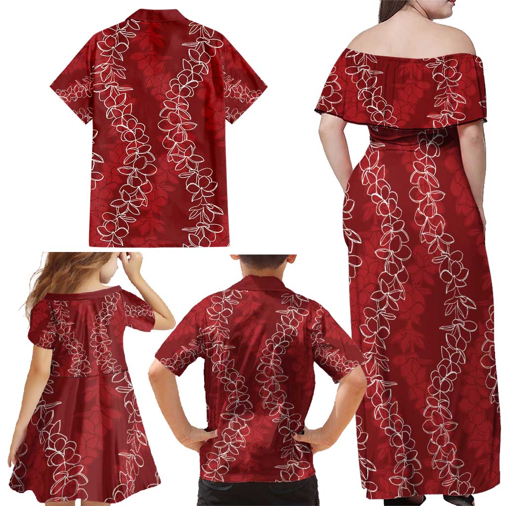 Hawaii Plumeria Lei Family Matching Off Shoulder Maxi Dress and Hawaiian Shirt Aloha Festive Vibe - Crimson LT7 - Polynesian Pride